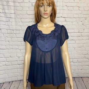 Aqua Navy Sheer Short Sleeve Blouse Size L